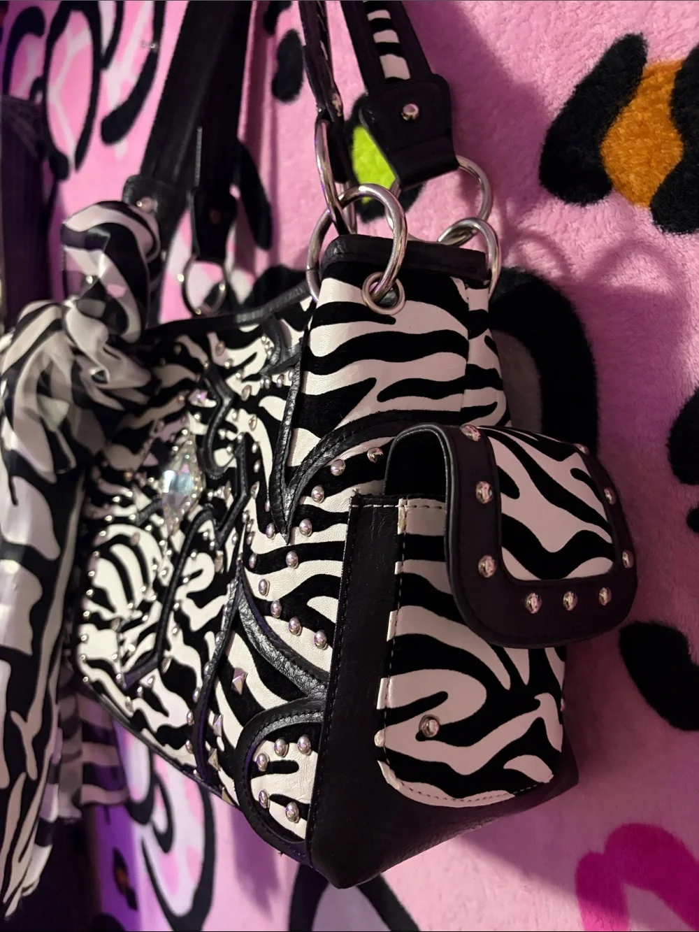 Zebra Print Black & White Shoulder Bag with Decorative Bow